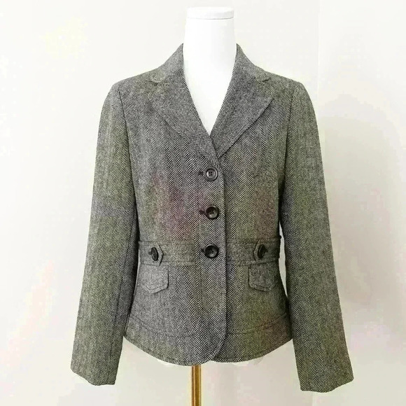 Ann Taylor Wool Herringbone Blazer Gray Size 8 P - Picture 1 of 8